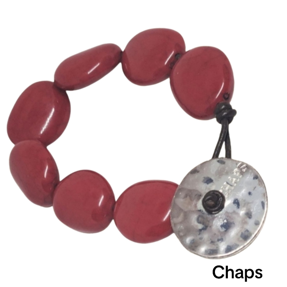Chaps Red Beaded Bracelet w/ Silver Logo Button Closure. NWOT